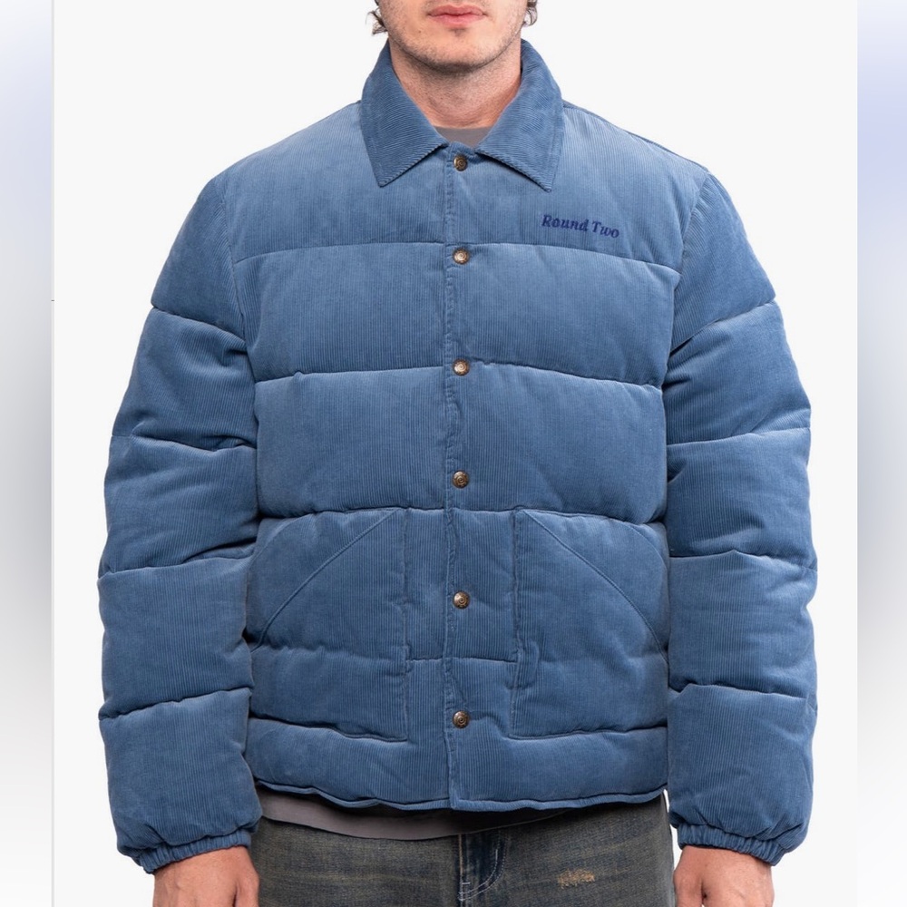 Round Two Quilted Puffer Jacket medium blue NWT
